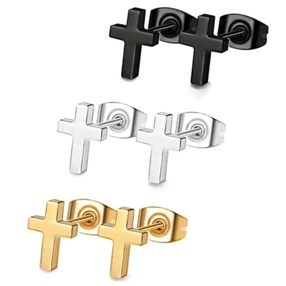 💝Boutique ✝️Trio of Cross Stud Earrings🖤🩶💛 - Picture 1 of 3